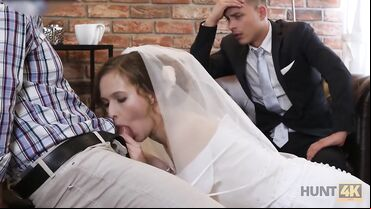 European bride gives a blowjob to another man in front of her hubby