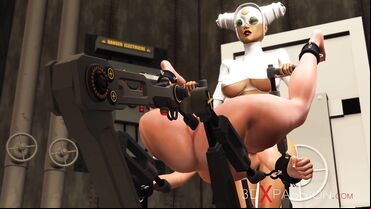 Busty 3D dominatrix teasing her 3D sex slave in a big cartoon fuck machine